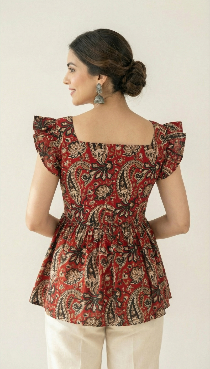 Syahi Ajrakh Red Peplum Top