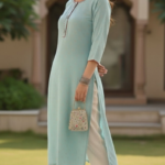 Aasman Powder Blue Viscose Rayon Straight Kurti for Women