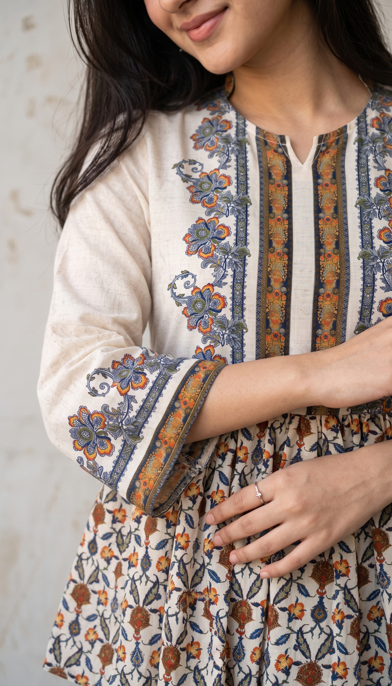 Chandani Off-White Floral Cotton Blend Peplum Top for Women