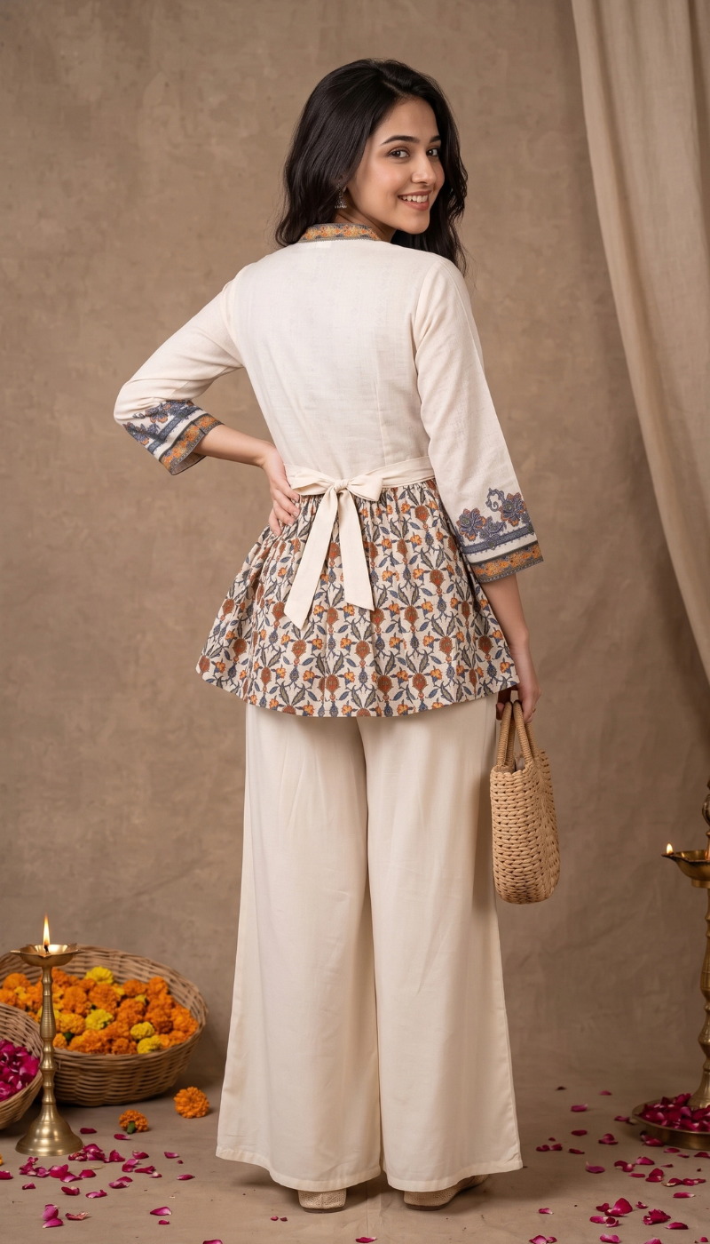 Chandani Off-White Floral Cotton Blend Peplum Top for Women