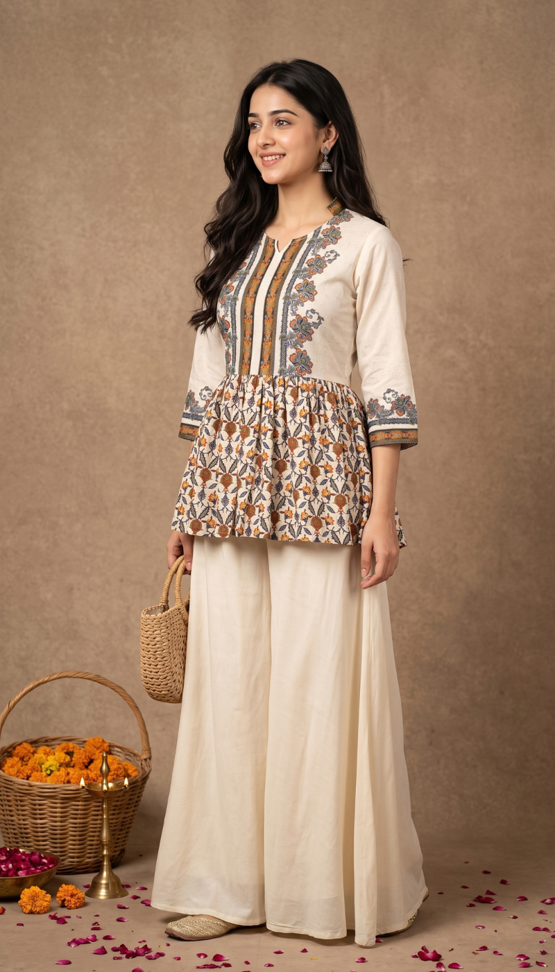Chandani Off-White Floral Cotton Blend Peplum Top for Women