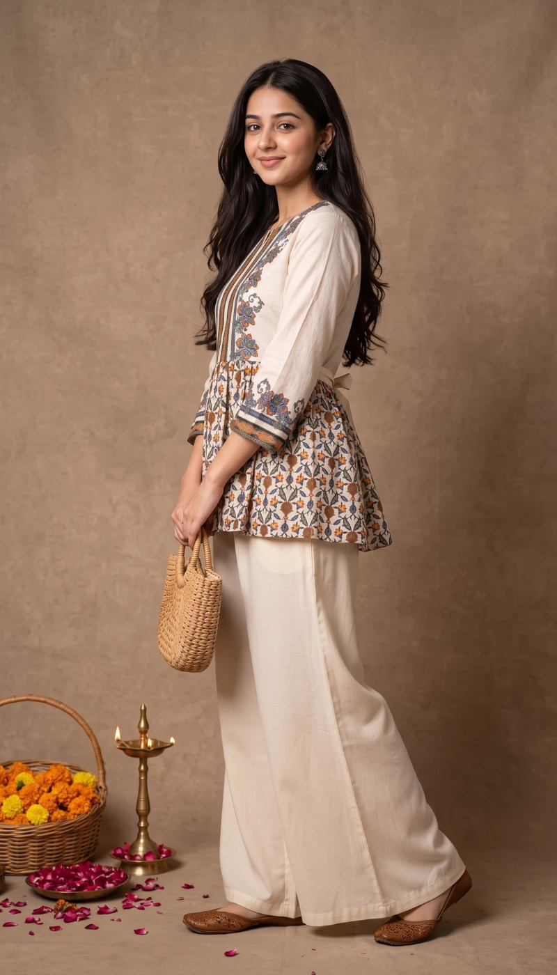 Chandani Off-White Floral Cotton Blend Peplum Top for Women